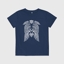 Футболка хлопковая детская Древний орнамент - вороны с символами, цвет: тёмно-синий