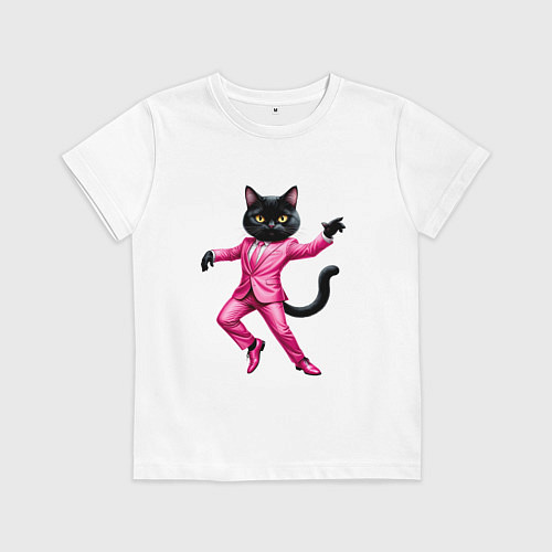 Детская футболка Черный кот в розовом костюме танцует / Белый – фото 1