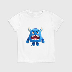 Футболка хлопковая детская Синее чудовище с рогами, цвет: белый