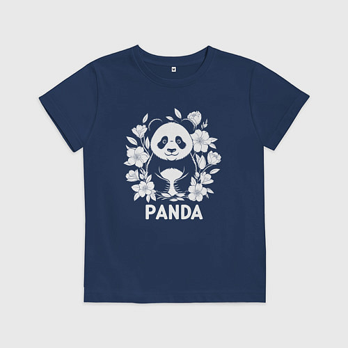 Детская футболка Панда в цветах / Тёмно-синий – фото 1