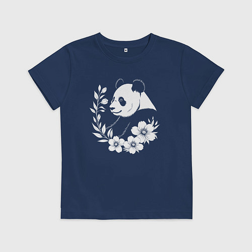 Детская футболка Панда среди цветов / Тёмно-синий – фото 1