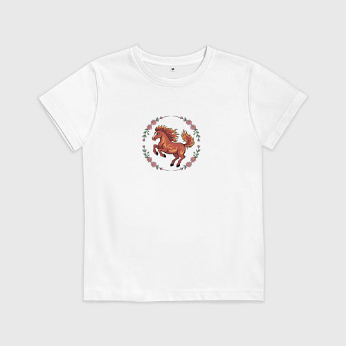 Детская футболка Огненная лошадь и розовые цветы / Белый – фото 1