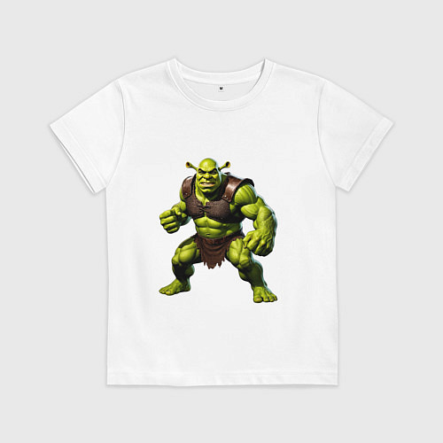 Детская футболка Гибрид Шрека и Халка стоит в динамичной позе / Белый – фото 1