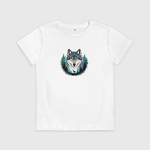 Детская футболка Голова волка над лесом и силуэт оленя / Белый – фото 1
