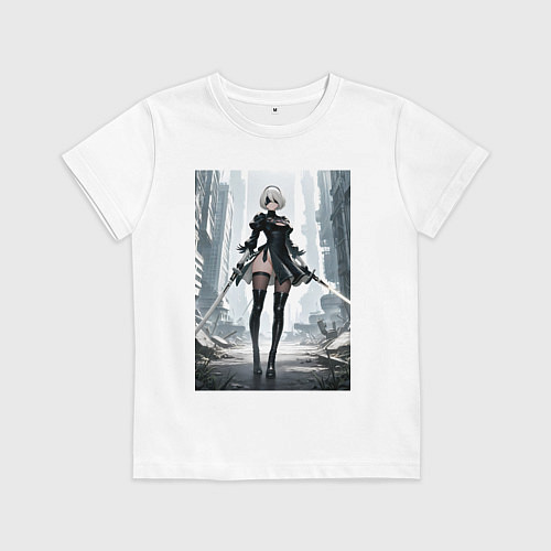 Детская футболка Девушка-андроид с катанами посреди руин / Белый – фото 1