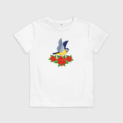 Детская футболка Синица и рождественский цветок / Белый – фото 1