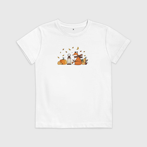 Детская футболка Лиса с тыквами и фонарём / Белый – фото 1