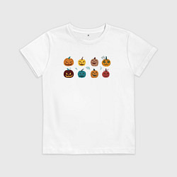 Футболка хлопковая детская Разноцветные тыквы Джека на Хэллоуин, цвет: белый