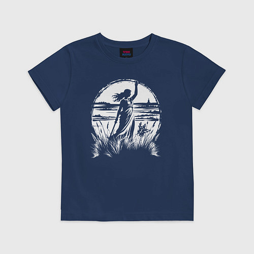 Детская футболка Девушка с мечом в поле / Тёмно-синий – фото 1