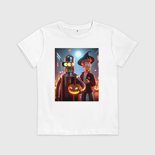 Детская футболка Бендер и Фрай в шляпе - ночь на хэллоуин / Белый – фото 1