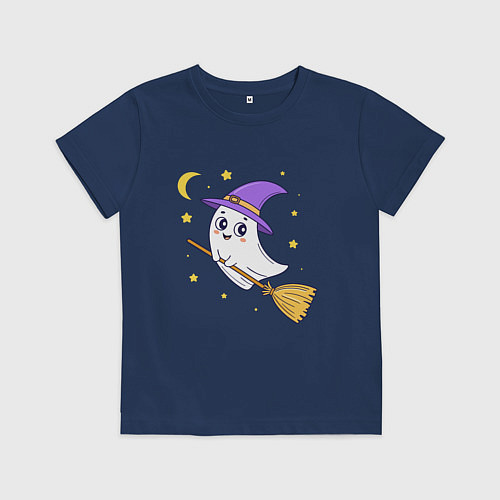 Детская футболка Хэллоуин, привидение на метле, луна / Тёмно-синий – фото 1