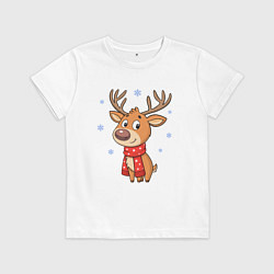 Футболка хлопковая детская Новогодний олень и снежинки, зима, цвет: белый