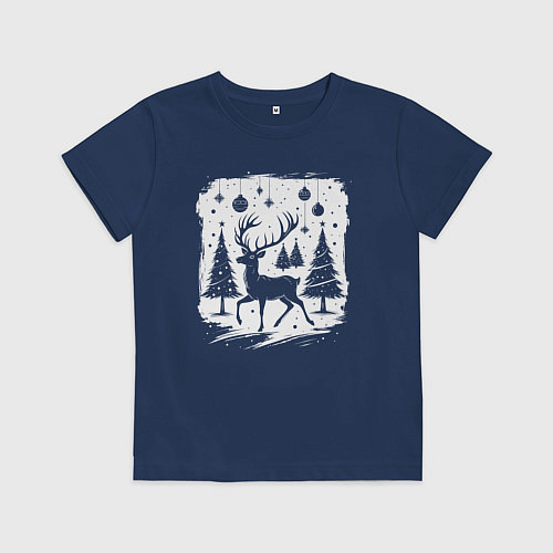 Детская футболка Олень в новогоднем лесу / Тёмно-синий – фото 1