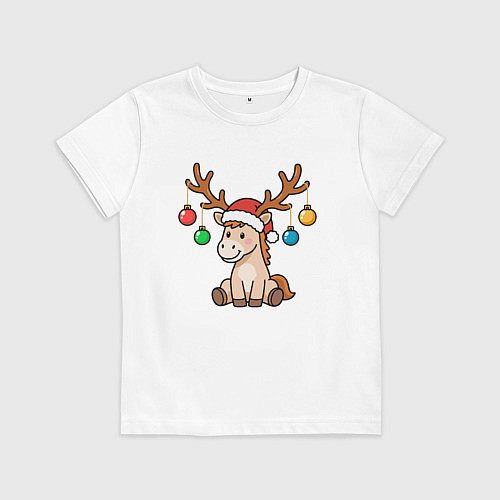 Детская футболка Лошадь в шапке Санта-Клауса и рогами оленя / Белый – фото 1