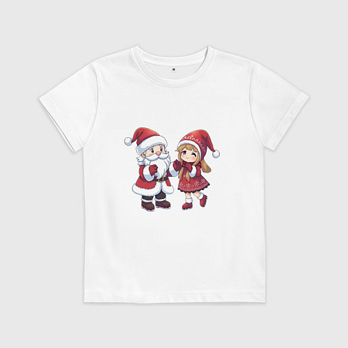Детская футболка Мультяшные Дед Мороз и Снегурочка держатся за руки / Белый – фото 1