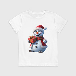 Футболка хлопковая детская Новогодний снеговик в красной шапке, цвет: белый