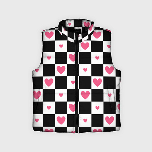 Детский жилет Розовые сердечки на фоне шахматной черно-белой дос / 3D-Черный – фото 1