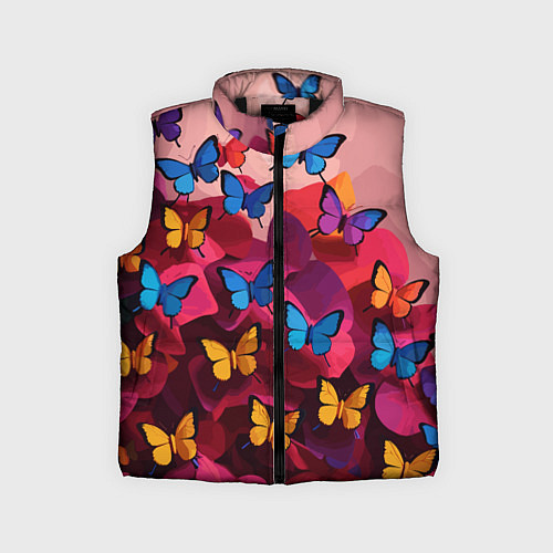 Детский жилет Разноцветные бабочки - розовые цветы / 3D-Черный – фото 1
