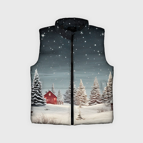 Детский жилет Зимний пейзаж с елями и снегом / 3D-Черный – фото 1