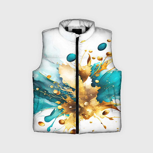 Детский жилет Бирюзово голубая абстракция, брызги краски на бело / 3D-Черный – фото 1