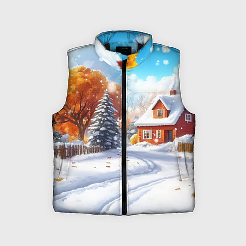 Детский жилет Новогодний пейзаж и домики / 3D-Черный – фото 1