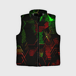 Детский жилет Красно-зелёные точки и линии на чёрном фоне, цвет: 3D-светло-серый