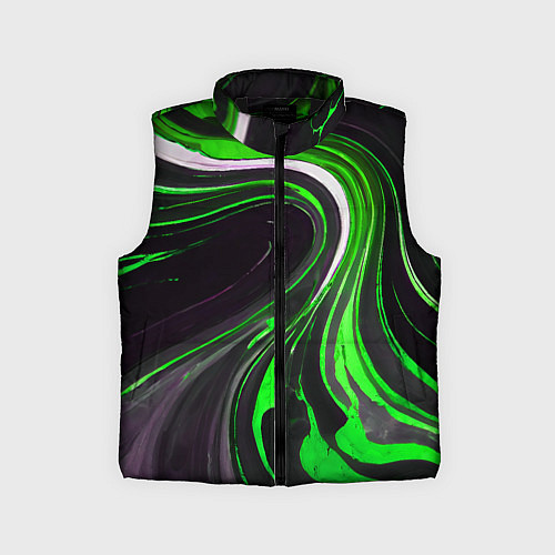 Детский жилет Волнистые бело-зелёные линии на чёрном фоне / 3D-Черный – фото 1