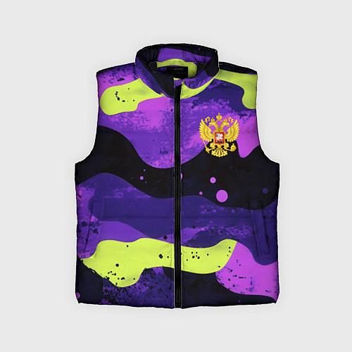 Детский жилет Черно-фиолетовый камуфляж и золотой герб РФ / 3D-Черный – фото 1
