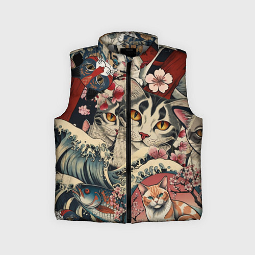 Детский жилет Котики и рыбки в сакуре / 3D-Светло-серый – фото 1