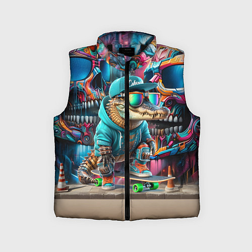 Детский жилет Крокодилёныш крутой скейтбордист - киберпанк / 3D-Черный – фото 1