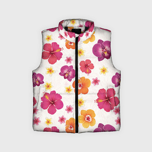 Детский жилет Тропический букет - узор с яркими гибискусами и ор / 3D-Черный – фото 1