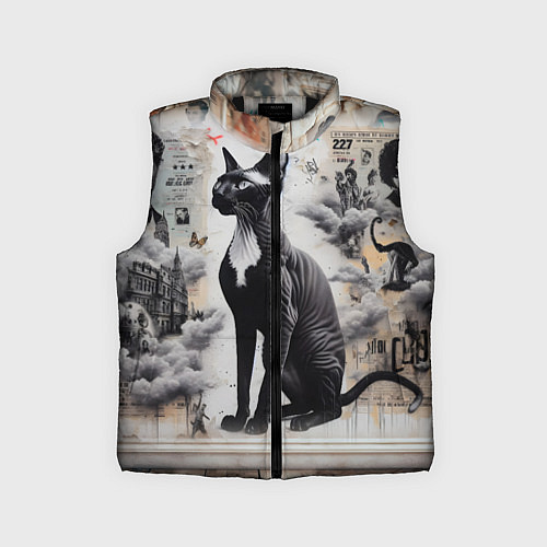 Детский жилет Кошка Корниш-рекс - ретро граффити / 3D-Черный – фото 1