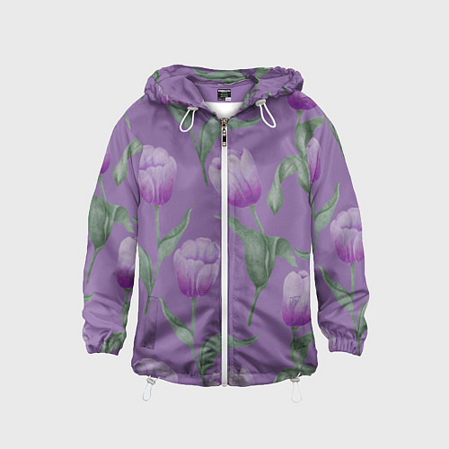 Детская ветровка Фиолетовые тюльпаны с зелеными листьями / 3D-Белый – фото 1