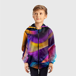 Ветровка с капюшоном детская Абстрактная волновая композиция Неоновые полосы Ab, цвет: 3D-черный — фото 2