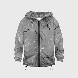 Ветровка с капюшоном детская Узор из черных и белых листьев на сером фоне, цвет: 3D-черный