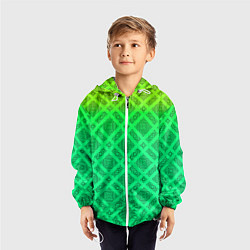 Ветровка с капюшоном детская Желто-зеленый градиентный фон с геометрическим узо, цвет: 3D-белый — фото 2