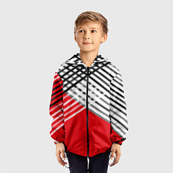 Ветровка с капюшоном детская Косые черно-белые полосы на красном, цвет: 3D-черный — фото 2