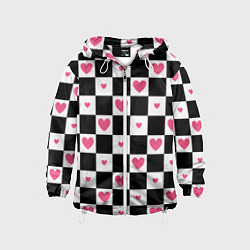 Ветровка с капюшоном детская Розовые сердечки на фоне шахматной черно-белой дос, цвет: 3D-белый
