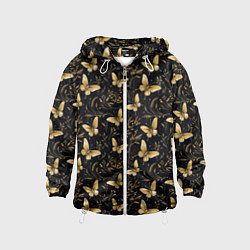 Ветровка с капюшоном детская Золотые бабочки на черном фоне, цвет: 3D-белый