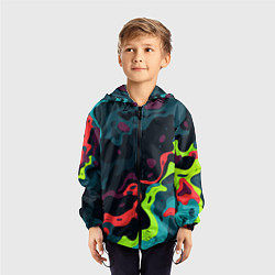 Ветровка с капюшоном детская Яркий кислотный абстрактный камуфляж, цвет: 3D-черный — фото 2