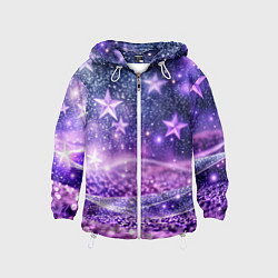 Ветровка с капюшоном детская Абстрактные звезды в фиолетовых искрах, цвет: 3D-белый