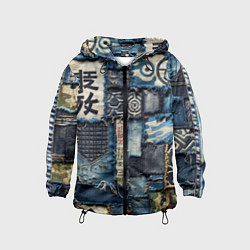 Ветровка с капюшоном детская Иероглифы на пэчворк дениме, цвет: 3D-черный