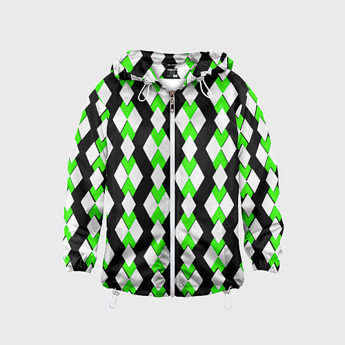 Детская ветровка Зелёные и белые ромбы на чёрном фоне / 3D-Белый – фото 1