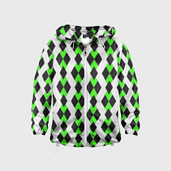Детская ветровка Чёрные и зелёные ромбы на белом фоне