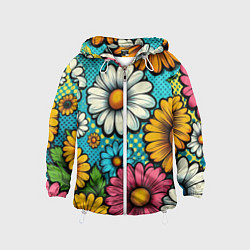 Ветровка с капюшоном детская Графический паттерн - Летние Цветы, цвет: 3D-белый