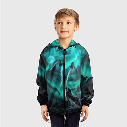 Ветровка с капюшоном детская Волки воют на луну и северное сияние, цвет: 3D-черный — фото 2