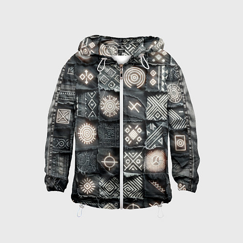 Детская ветровка Африканские знаки на пэчворк дениме / 3D-Белый – фото 1