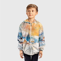 Ветровка с капюшоном детская Деревенский новогодний пейзаж, цвет: 3D-белый — фото 2