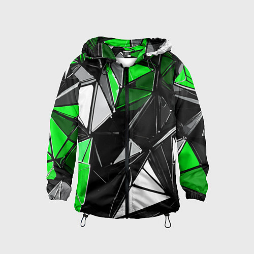 Детская ветровка Зелёно-белые рельефные треугольники на чёрном фоне / 3D-Черный – фото 1