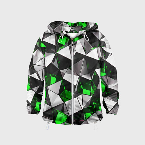 Детская ветровка Зелёно-белые рельефные треугольники на чёрном фоне / 3D-Белый – фото 1